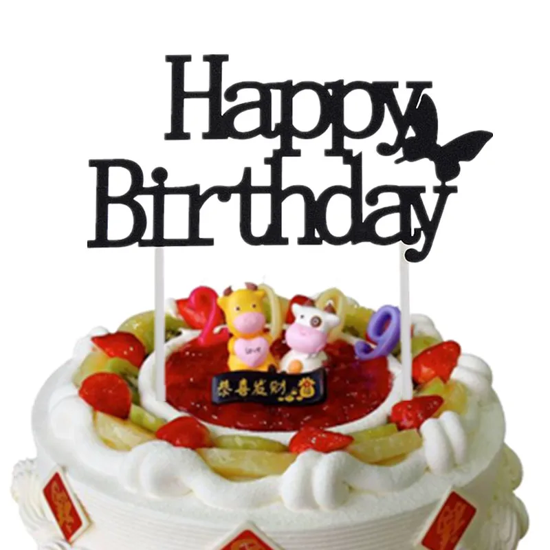 Русские счастливые топперы для торта на день рождения корона один Фламинго день рождения флажки для торта от Miss до Mrs украшения для свадебного торта Feliz Cumpleanos - Цвет: black butterfly