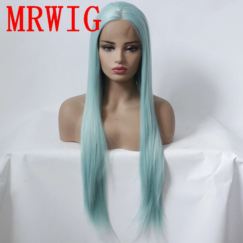 MRWIG бесплатная часть голубой/зеленый синтетический Glueless фронта шнурка 18in и 26in настоящие волосы естественный вид для женщина