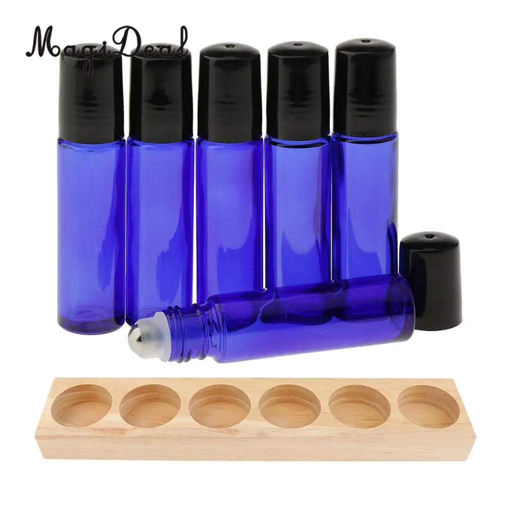 Natural Wood Essential Oils Box Display Case Holder Stand Organizer with 6pcs Roll On Refillable Empty Glass Bottles
