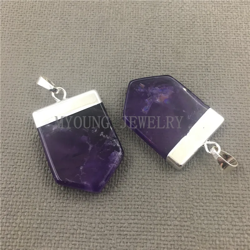 MY0500 Pentagon  Amethyst Point Pendant Flat with Silver Color Cap and Bail Stone Slice Charm  (2)