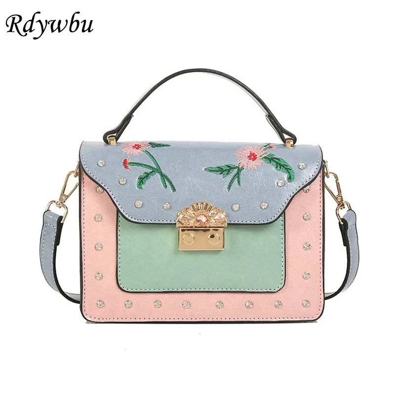 

Rdywbu Flower Embroidery Rivet Shoulder Bag Girl 2 Layers PU Leather Crossbody Messenger Bag Small Travel Flap Tote Handbag B718