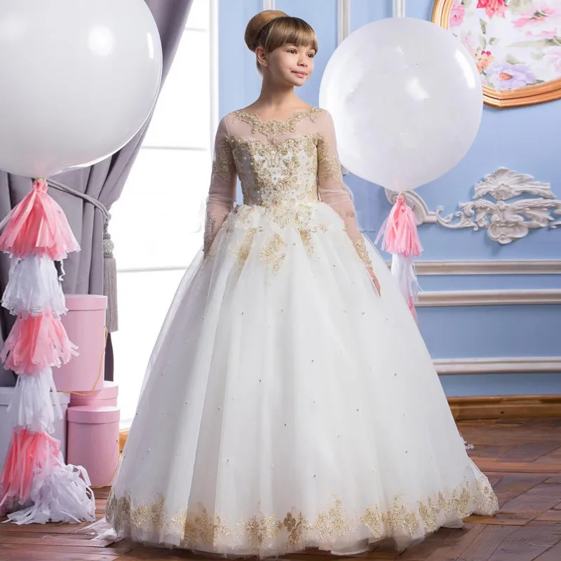 2016 Tulle Appliques Beaded Flower Girl Dresses For Wedding Long Sleeve A-Line Girl Birthday Party Dress Long Pageant Dress
