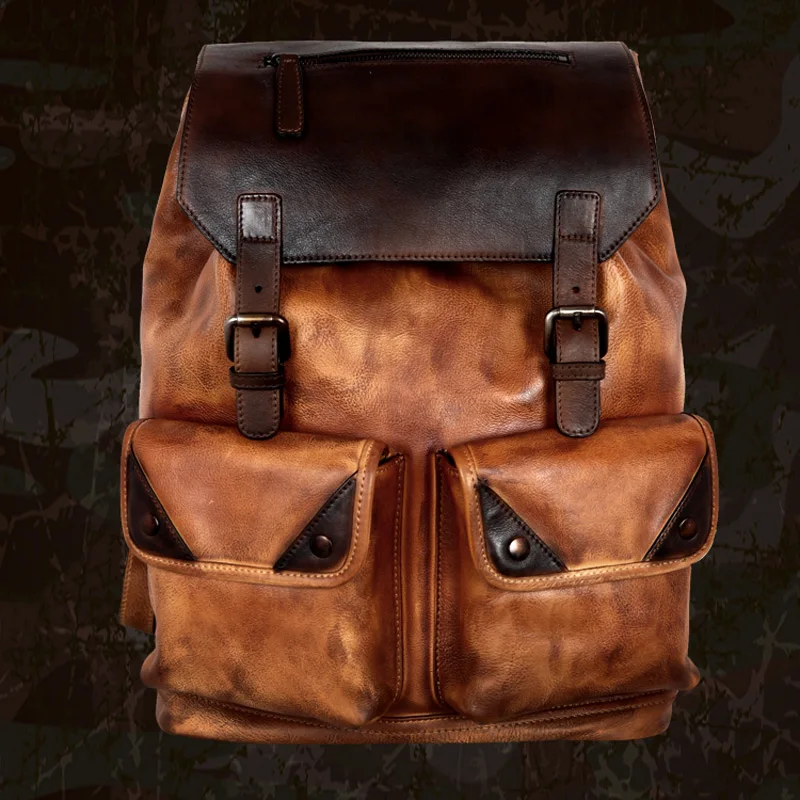 

Famous Designer Backpacks Genuine Leather Handmade Vintage Backpack Men Italian Imported Cowhide Large Double Shoulder Bag 2019