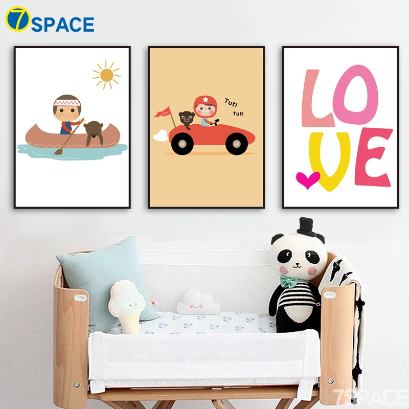 

Cartoon Bear Boy Ship Car Love Wall Art Canvas Painting Nordic Posters And Prints Canvas Art Wall Pictures Kids Room Home Decor