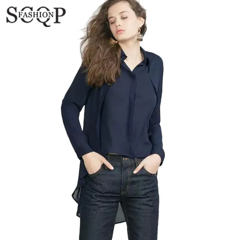 SCQP Solid Navy Chiffon Blouse Plus Size Club Irregular