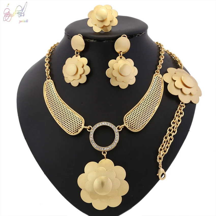 

YULAILI 2018 Factory New Coming Ladies Costume Zinc Alloy 24 Carat Gold Color 4-pc Jewelry Set