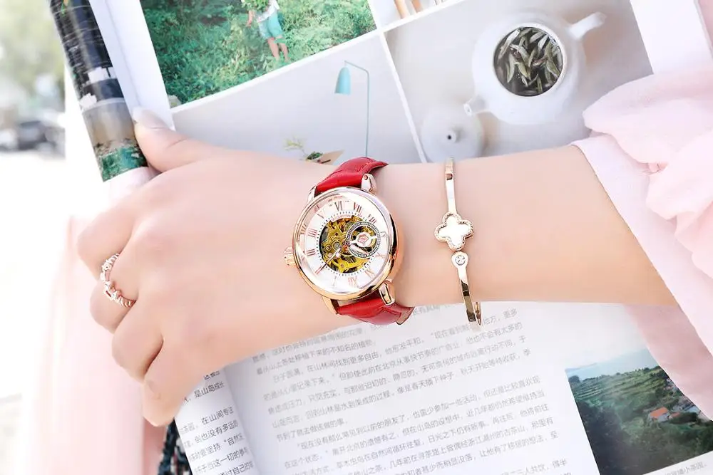 Goedkoop Chic Stijl ORKINA Vrouwen Polshorloge Automatische Mechanische Lederen Band Vrouwelijke Klok Skeleton Dial Lady Horloge Montre Femme