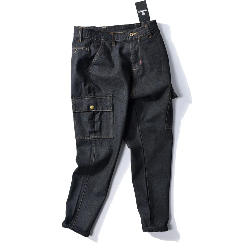 Старинные японский стиль модные мужские джинсы большой карман брюки-карго Loose Fit сплошной черный цвет прямые простые классические джинсы