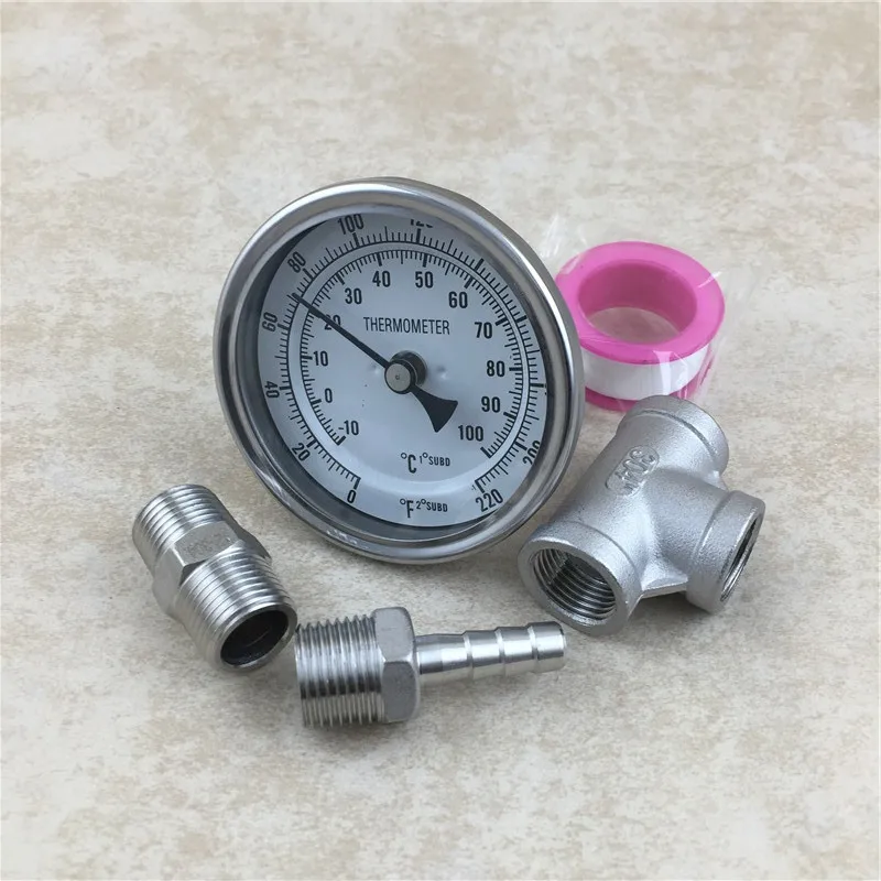 

Beer Brewing Wine 3" Face Bi-metal In-line Thermometer Monitor,1/2"NPT Tee, 1/2" Hose Barb Kit Homebrew Bar Accessory