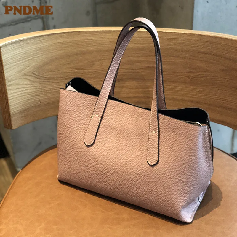 

PNDME fashion simple genuine leather women's handbag cowhide leather ladies pink shoulder bag luxury female shopping tote bags