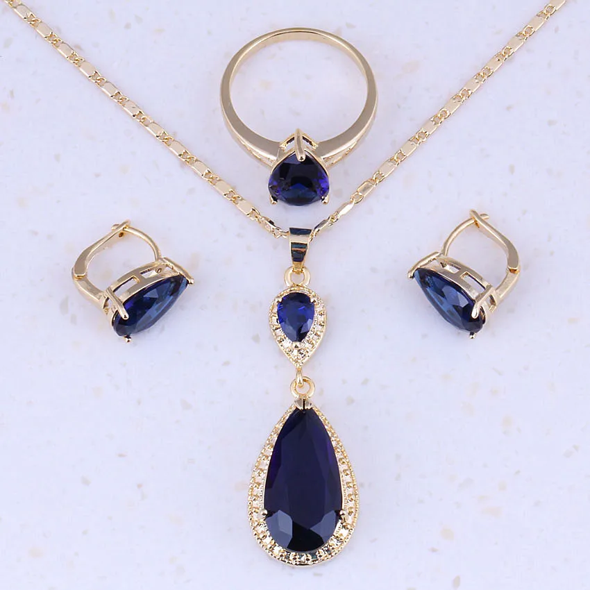 Gallant Blue Crystal Yellow Gold Color Water Drop Jewelry Sets For