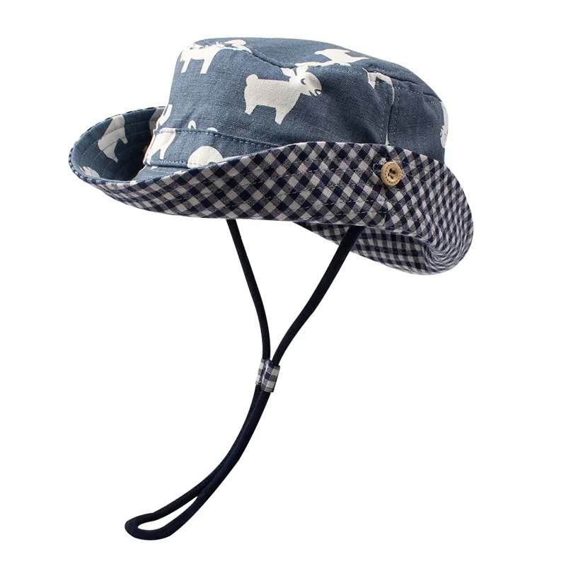 

Fashion Denim Baby Hat Cartoon Animal Print Bucket Hat For Girl Cotton Wide Brim Sun Cap Lace Up Kids Fisherman Cap Boy Clothing