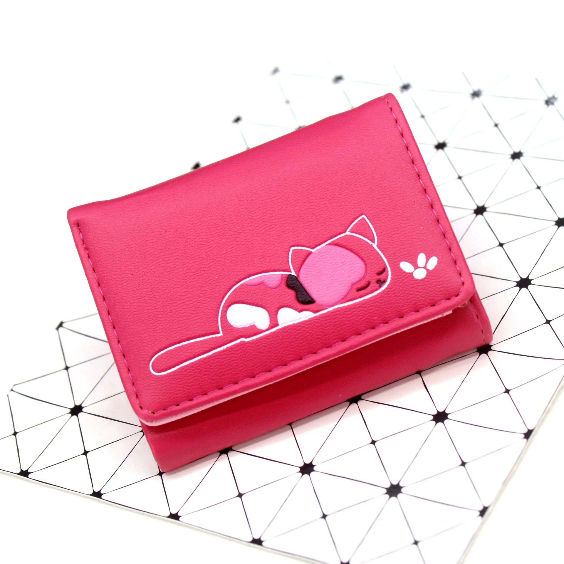 Короткий кошелек BOTUSI из искусственной кожи с рисунком спящего кота, держатель для карт, кошелек для монет, женский клатч с застежкой, сумка для денег, с рисунком животного - Цвет: rosered