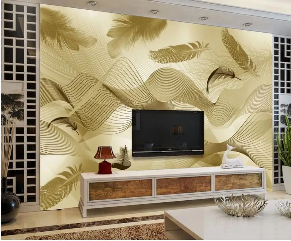 HD Золотая волнистая линия Перо Винтажный фон Современная декоративная картина обои для гостиной