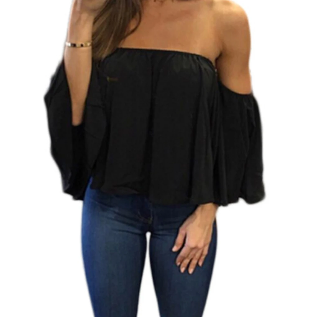 Stylish Women Off Shoulder Casual Blouse Shirt Tops Strapless Pure Color Bell Puff Sleeve Tops Stylish Women Off Shoulder Casual Blouse Shirt Tops Strapless Pure Color Bell Puff Sleeve Tops