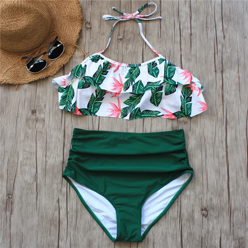 

Bikini Set Double Ruffle Swimwear Women Sexy Swimsuit Off Shoulder High Waist Swim Wear Beach Bathing Suits Plus Size