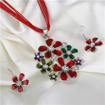 6 цветов модный серебряный цветок кулон ожерелье серьги набор многослойная кожа шифон лента Чокер Ожерелье Ювелирные наборы - Окраска металла: Red