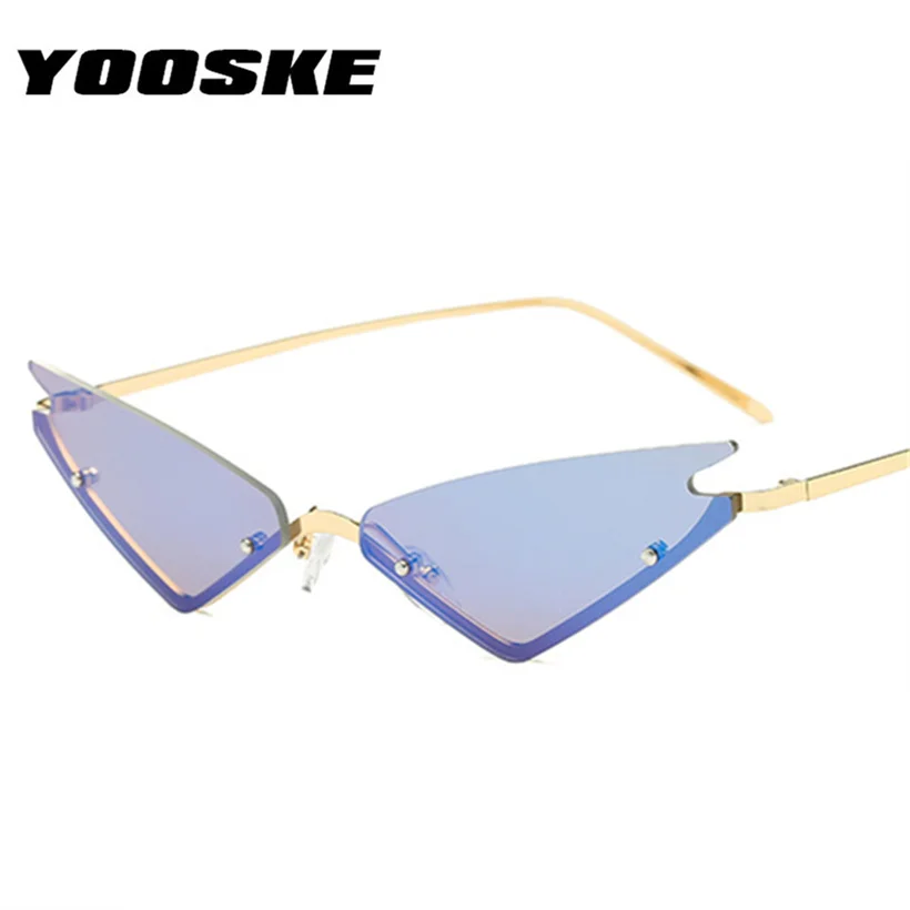 

YOOSKE Small Cat Eye Sunglasses For Women Brand Designer Half Frame Red Mirror Eyewear Female Metal Triangle Glasses Shades