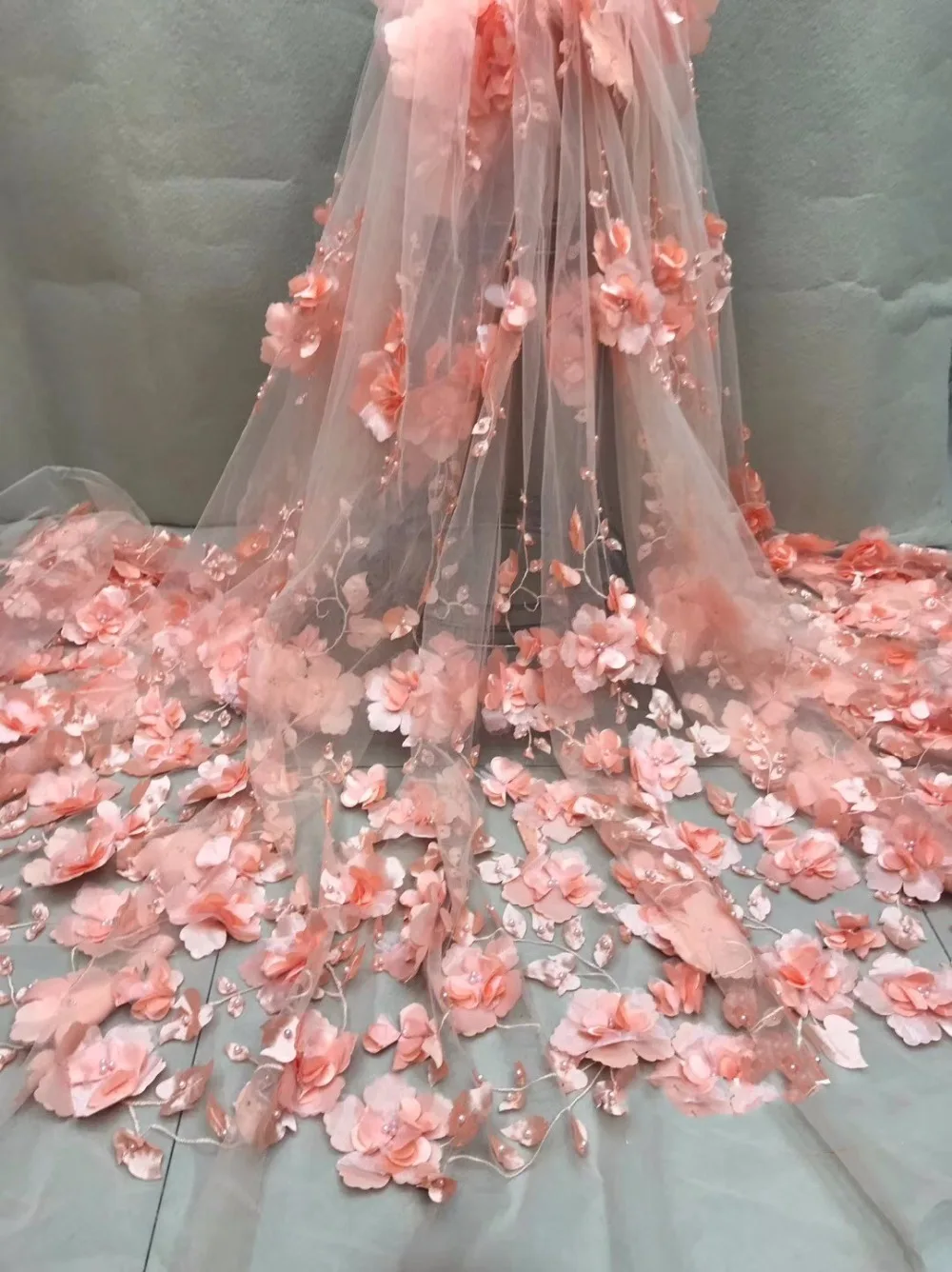 

5Yards 3D Beads Flowers Embroidered Lace Fabric,Wedding Bridal Dress Mesh Fabric DIY Handmade,Width 50 inches