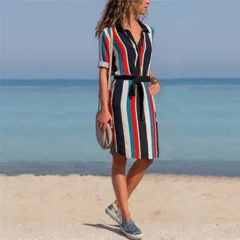 

2019 New Design Fashion printed stripe Slim Casual Midi Dress Long Sleeve Turn Down Collar Vestido Asymmetric Dresses With Belt