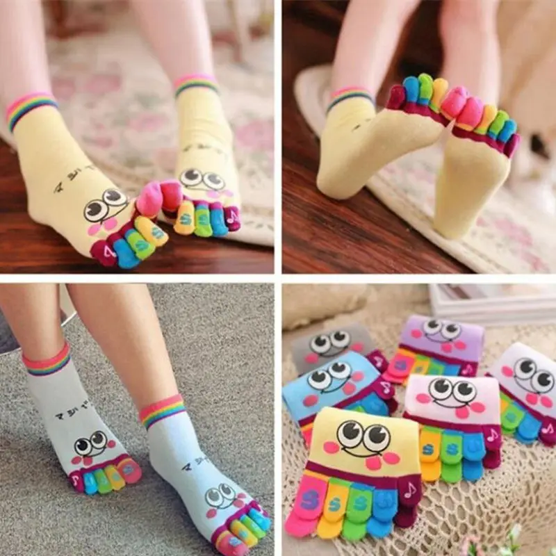 

Japanese Autumn winter Sale women Toe Socks Girl Smile Face Cute Funny Five Fingers socks Kawaii Rainbow Color Toe Ankle Socks
