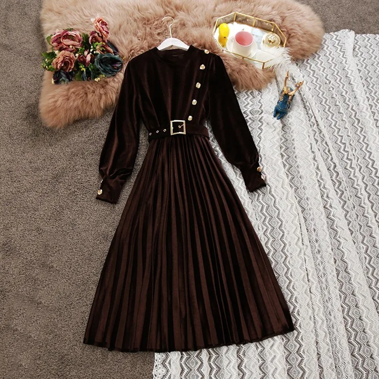 

2021 autumn winter new women O-neck button long sleeve velvet A-line dress female solid color waist elegant dresses with belt