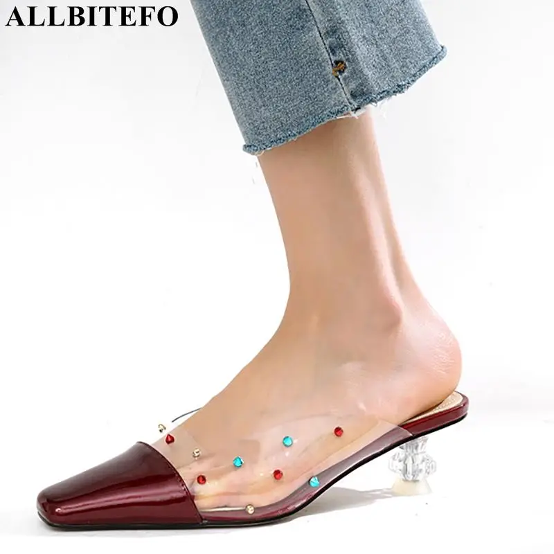 

ALLBITEFO square toe genuine leather crystal heel party women shoes sexy high heels women heels summer beach women slippers