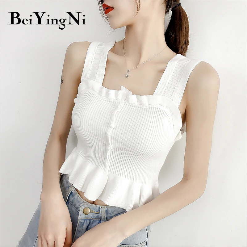 

Beiyingni Sleeveless Crop Top Women Solid Brief Sexy Buttons Knitted Slim New Arrival Camis Ladies Sweet 5Colors OL Vest Female