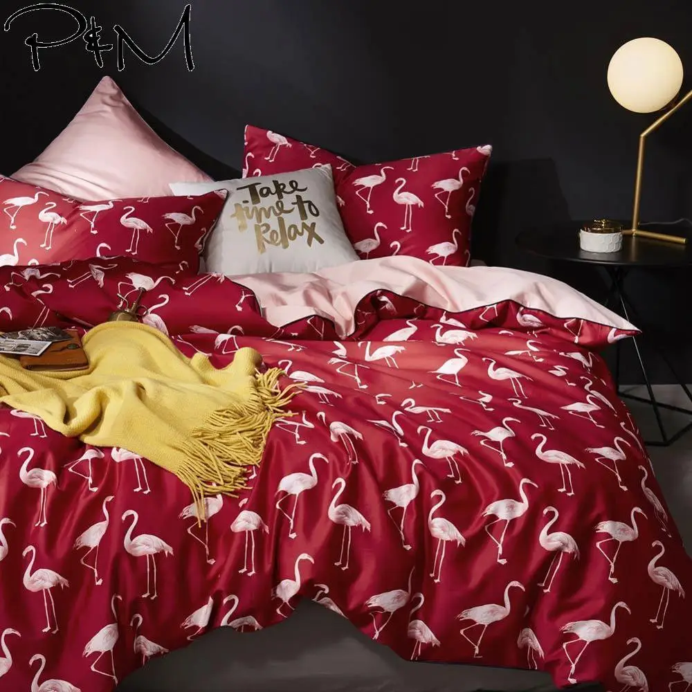 

2019 Fashion INS Pink Flamingos Brief Bedding Set Queen King Size Bedlinens Flat Sheet Egyptian Cotton Duvet Cover Set