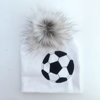 

spring autumn football design toddlers infant bonnet baby hat for boys and girl travel raccoon faux fur hat cap pom pom newborn