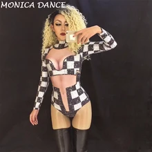 Сексуальная сцена черный и белый боди Для Певица полный сверкающими кристаллами Костюм для ночного клуба вечерние певица танцор Этап одежда