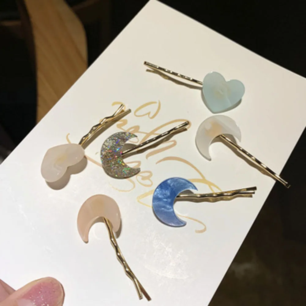 Fashion 1Pc Acetic Acid Love Heart Moon Hairpins Metal Macaron Color Hair Clips For Women Girls 2