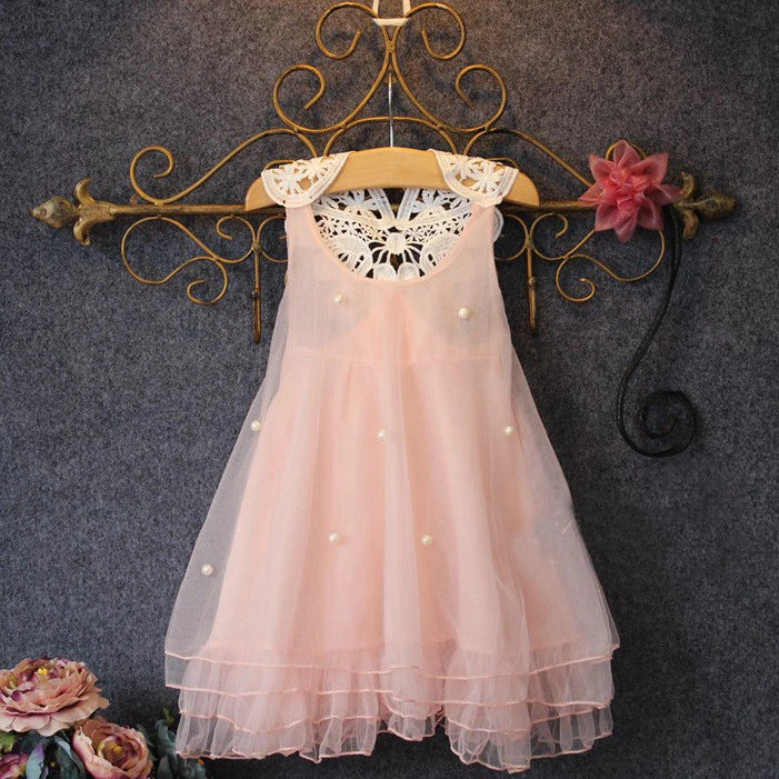 2016 Girls Dress Baby Girls Summer Princess Party Dress Pearl Lace Flower Casual Dress Sundress 2-7Y fashion baby girl skirt Dresses