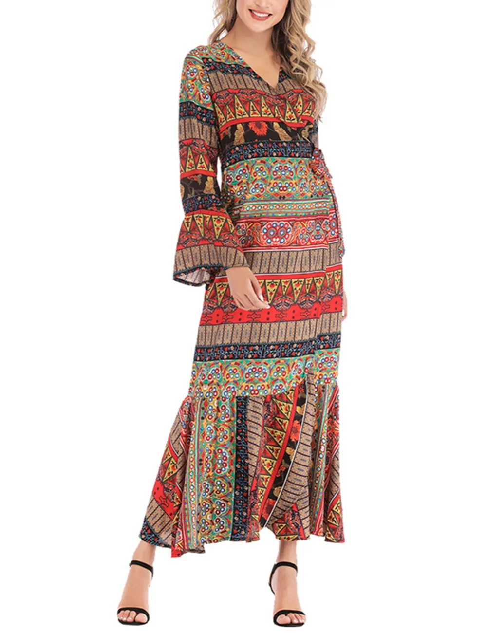 Fadzeco платье в африканском стиле для женщин с рюшами, расклешенными рукавами, этническим принтом, Макси платье с v-образным вырезом
