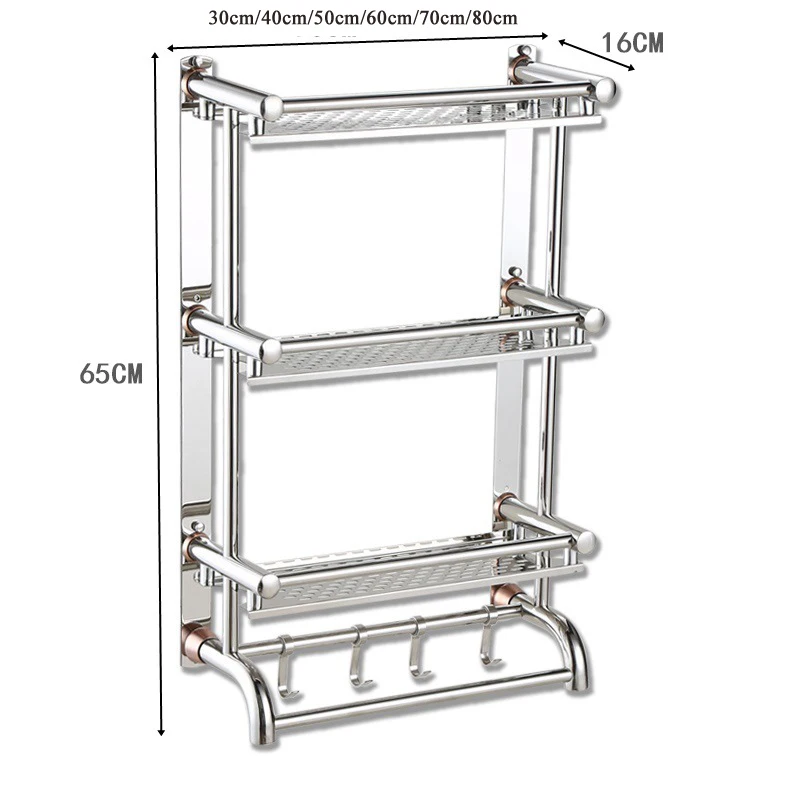 Length 30cm 40cm 50cm 60cm 70cm 80cm Stainless Steel Triple Tier Bathroom Shelves with Hooks font