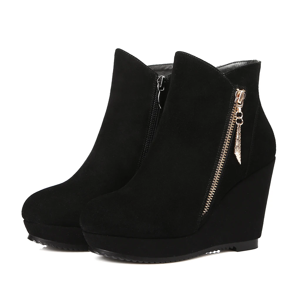 Karinluna Bottes De En Suède Vache Cuir Talons 2019 Hauts Plate Nouveau Chaussures Élégante Cheville Compensées Daim Femme Noir Femmes forme Qrdtsh