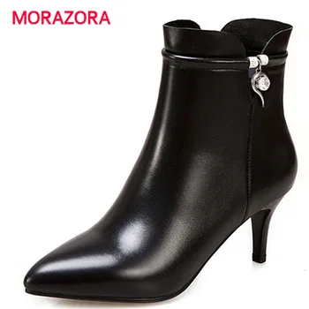 

MORAZORA 2018 new pointed toe genuine leather boots elegant thin heel high heel ankle boots zipper women's boots size 33-43