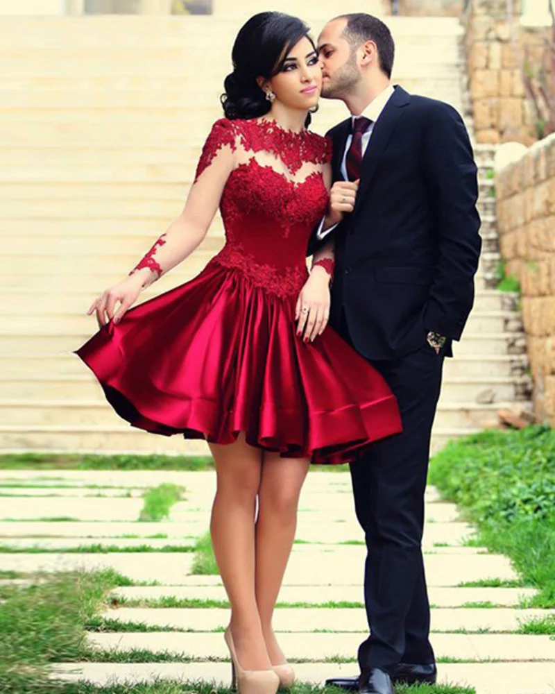 

Vestido De Festa Curto Sexy Red Lace Evening Dress Short Elegant Long Sleeve Evening Dresses 2015 Imported Party Dress Formatura