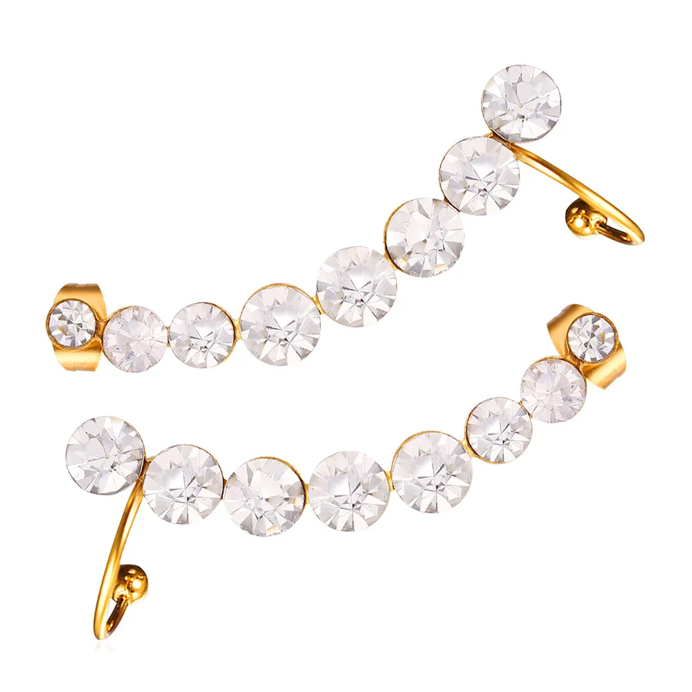 

Kpop Women Clip Earrings with stud Luxury Rhinestone Cuff Earrings Gold Color Valentine Gift Stainless steel Jewelry E2230Y
