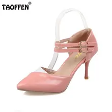 TAOFFEN Tamaño 30-48 Correas Del Tobillo Sandalias de Tacón Alto Verano de las Señoras Zapatos con Punta de Charol Toe Zapatos de Fiesta de Bodas PA00601