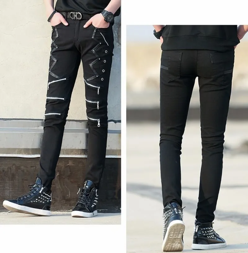 Новинка, мужские летние черные брюки для ночного клуба, мужские брюки скинни на молнии в стиле панк, корейские облегающие повседневные панталоны в стиле рок, мужские черные брюки