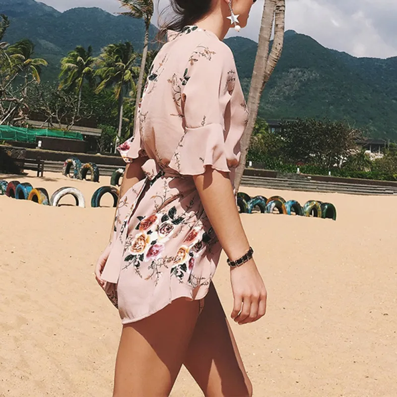 Boho Red Floral Print Ruffles Playsuits Women Elegant Chiffon White V Neck Jumpsuits Rompers Sexy Beach Girls Short Overalls Jumpsuits and Playsuits