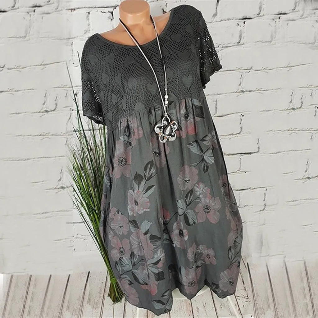 Размера плюс Летняя мода Boho печати кружева свободная женская блузка Футболки женские футболка с коротким рукавом Blusas Femininas пуловер