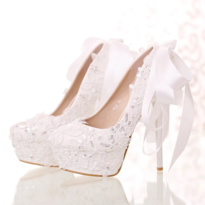 

2016 new white lace sequins bridal shoes round head shallow mouth thin heel wedding shoes bow super high heel women's shoes