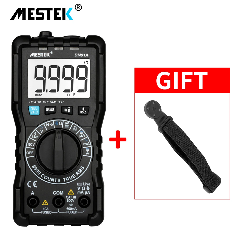 MESTEK Мини цифровой Multimeter9999 отсчетов True RMS Авто Диапазон AC/DC Вольт Ампер мультиметр непрерывность Емкость тестер DM91A