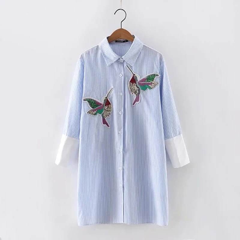 Hanyiren, женская блузка с вышивкой в виде птицы, модная, длинный рукав, высокое качество, белая рубашка с отложным воротником, женские топы, chemisier femme