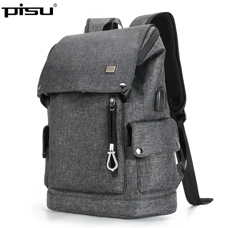PISU neue rucksack herren schwarz mode rucksack usb lade wasserdichte rucksack kopfhörer Männer fit für 15,6 zoll Laptop Günstig