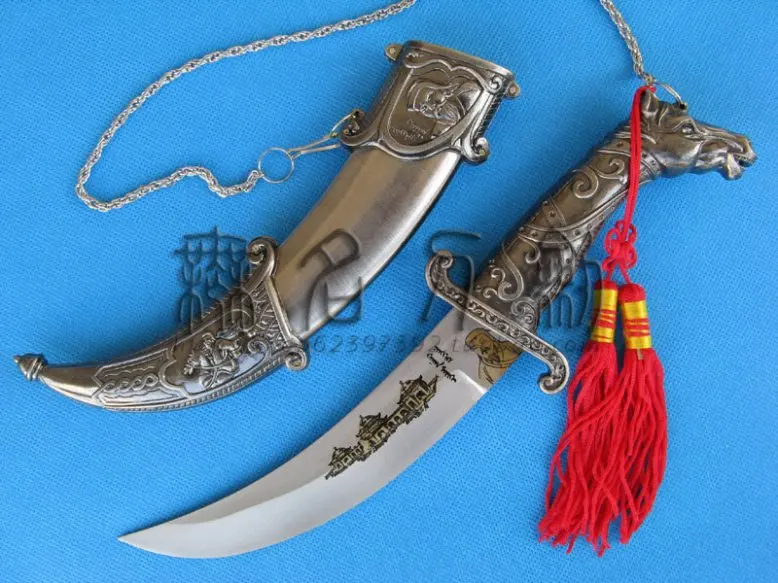 

S1806 MINIATURE HORSE HEAD HANDLE SILVER GENGHIS KHAN TIBETAN KNIFE SWORD 10.7"