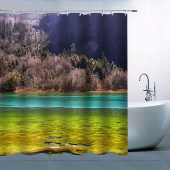 

Personality Natural Scenery Theme Shower Curtain Hill Forest Green Grassland Blue Lake Waterproof