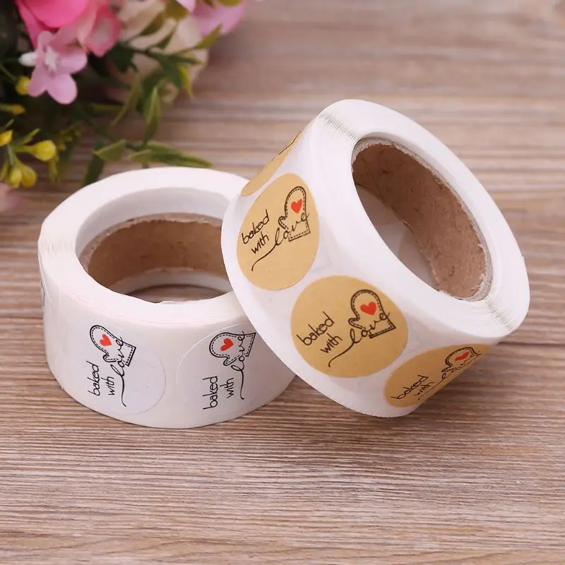

500pcs Baked With Love Round Adhesive Label Sealing Stickers Packing Tag Gift Baking Scrapbook Wedding Party 1 Inch on a Roll